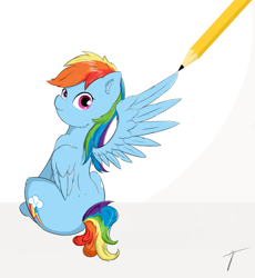 Size: 1726x1878 | Tagged: safe, artist:taxar, derpibooru import, part of a set, rainbow dash, pegasus, pony, cute, drawn into existence, ear fluff, looking back, pencil, simple background, sitting, solo