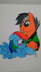 Size: 900x1600 | Tagged: safe, derpibooru import, quibble pants, rainbow dash, pegasus, pony, blushing, clothes, female, male, quibbledash, shipping, straight, traditional art