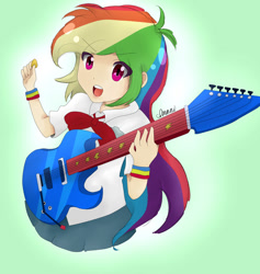 Size: 1024x1082 | Tagged: safe, artist:benwang89, artist:lilimani8, derpibooru import, rainbow dash, human, clothes, electric guitar, guitar, humanized, school uniform, signature, solo, style emulation, trace