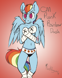 Size: 1400x1750 | Tagged: safe, artist:punk-pegasus, rainbow dash, pegasus, pony, semi-anthro, clothes, cm punk, crossover, solo, topless, wwe