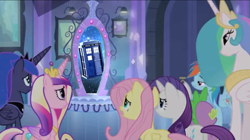 Size: 1071x600 | Tagged: safe, derpibooru import, applejack, fluttershy, pinkie pie, princess celestia, princess luna, rainbow dash, rarity, twilight sparkle, equestria girls, doctor who, exploitable meme, magic mirror, mane six, meme, portal meme, tardis