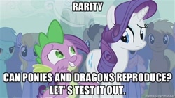 Size: 400x225 | Tagged: safe, edit, edited screencap, screencap, cloud kicker, coco crusoe, doctor whooves, lyra heartstrings, rainbowshine, rarity, spike, dragon, pony, unicorn, boast busters, bad pickup line spike, caption, exploitable meme, female, image macro, implied sex, male, mare, meme, shipping, sparity, stallion, straight