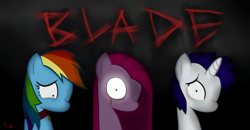 Size: 500x260 | Tagged: artist needed, source needed, safe, derpibooru import, pinkie pie, rainbow dash, rarity, earth pony, pegasus, pony, unicorn, collar, fanfic, fanfic art, pinkamena diane pie, sad