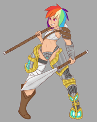 Size: 1280x1600 | Tagged: safe, artist:necro1337, rainbow dash, human, armor, dual wield, hammer, humanized, solo, sword, weapon