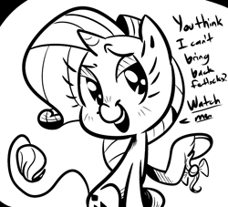 Size: 880x800 | Tagged: safe, artist:tess, rarity, classical unicorn, pony, unicorn, black and white, dialogue, fashion, grayscale, leonine tail, monochrome, solo, unshorn fetlocks