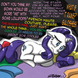 Size: 900x900 | Tagged: safe, artist:johnjoseco, rarity, pony, unicorn, suited for success, art of the dress, cloth, fabric, fetal position, stressed, stressity