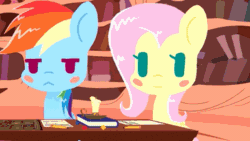 Size: 384x216 | Tagged: safe, artist:omegaozone, derpibooru import, fluttershy, pinkie pie, rainbow dash, twilight sparkle, earth pony, pegasus, pony, animated, book, candle, dungeon master, dungeons and dragons, frame by frame, golden oaks library, parody, ponies: the anthology 3, table