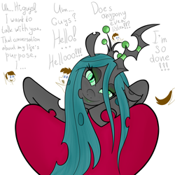 Size: 2048x2048 | Tagged: safe, artist:briarspark, queen chrysalis, oc, changeling, changeling queen, looking at you, lounging, pillow, pixiv, self insert, smiling