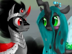 Size: 1600x1200 | Tagged: safe, artist:luminousdazzle, king sombra, queen chrysalis, changeling, changeling queen, pony, unicorn, blushing, chrysombra, female, male, shipping, straight