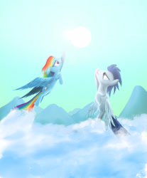 Size: 2500x3020 | Tagged: safe, artist:tttimon, rainbow dash, soarin', pegasus, pony, cloud, cloudy, flying, mountain, scenery, sky, soarindash, sun