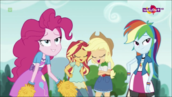 Size: 1366x768 | Tagged: safe, derpibooru import, screencap, applejack, pinkie pie, rainbow dash, sunset shimmer, dance magic, equestria girls, spoiler:eqg specials, spoiler, teletoon