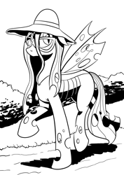 Size: 1169x1653 | Tagged: safe, artist:darkhestur, queen chrysalis, changeling, changeling queen, hat, lineart, monochrome, sun hat, sunglasses