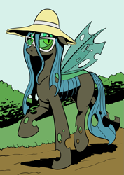 Size: 1169x1653 | Tagged: safe, artist:darkhestur, queen chrysalis, changeling, changeling queen, hat, solo, sun hat, sunglasses