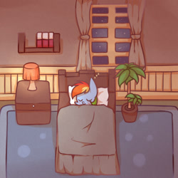 Size: 1000x1000 | Tagged: safe, artist:joycall6, rainbow dash, pegasus, pony, bed, cute, dashabetes, eyes closed, night, plant, room, sleeping, solo, zzz