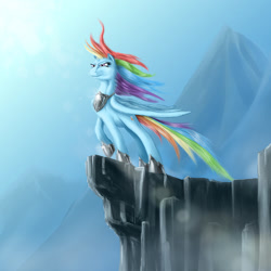 Size: 1268x1268 | Tagged: safe, artist:bertross, rainbow dash, pegasus, pony, armor, cliff, determined, ledge, mountain, older, solo, sunlight, windswept mane