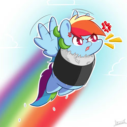 Size: 712x712 | Tagged: safe, artist:aerostoner, rainbow dash, pegasus, pony, angry, basashi, chibi, cross-popping veins, cute, dashabetes, flying, food, meat, solo, sushi, sushi pony