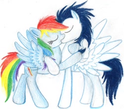 Size: 1024x905 | Tagged: safe, artist:harmonycs, rainbow dash, soarin', pegasus, pony, female, kissing, male, shipping, soarindash, straight, traditional art