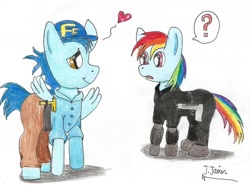 Size: 1024x759 | Tagged: safe, artist:flippy781, rainbow dash, soarin', pegasus, pony, calhoun, female, fix-it felix jr., male, parody, shipping, soarindash, straight, traditional art, wreck-it ralph