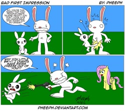 Size: 1015x900 | Tagged: safe, artist:pheeph, angel bunny, fluttershy, pegasus, pony, angel is a bunny bastard, comic, crossover, gun, kicked in the crotch, luger, max, sam and max