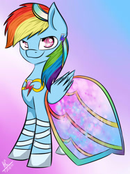 Size: 1936x2592 | Tagged: safe, artist:hayley1432, rainbow dash, pegasus, pony, clothes, dress, element of loyalty, rainbow dash always dresses in style, solo