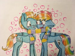 Size: 4032x3024 | Tagged: safe, artist:colorsoulmlp, derpibooru import, lightning dust, rainbow dash, pegasus, pony, absurd resolution, blushing, clothes, duo, female, lesbian, rainbowdust, scarf, shared clothing, shared scarf, shipping, smiling, traditional art
