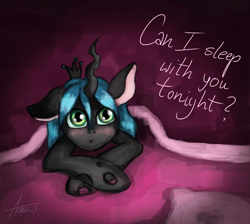 Size: 2400x2152 | Tagged: safe, artist:astralispl, queen chrysalis, changeling, changeling queen, blanket, bronybait, cute, cutealis, question, solo, speedpaint, younger