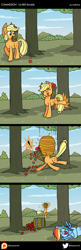 Size: 600x1849 | Tagged: safe, artist:ladyanidraws, derpibooru import, applejack, rainbow dash, bee, earth pony, pegasus, pony, abuse, apple, applebucking, beehive, bucking, flanderization, food, jackabuse, patreon, patreon logo, prank, rainbow douche, this ended in pain