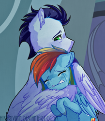 Size: 814x936 | Tagged: safe, artist:hikariviny, derpibooru import, rainbow dash, soarin', pegasus, pony, backwards cutie mark, comforting, crying, ear fluff, eyes closed, female, floppy ears, fluffy, hug, male, mare, miscarriage, sad, shipping, soarindash, stallion, story included, straight, wing fluff