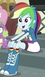 Size: 253x434 | Tagged: safe, derpibooru import, screencap, fluttershy, rainbow dash, spike, spike the regular dog, dog, dance magic, equestria girls, spoiler:eqg specials, boots, clothes, compression shorts, cropped, cute, dashabetes, drums, jacket, jewelry, legs, skirt, smiling, socks, solo focus, striped socks, wristband