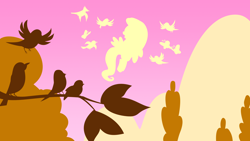 Size: 1920x1080 | Tagged: safe, artist:moabite, fluttershy, bird, pegasus, pony, female, flying, hooves, lineless, mare, minimalist, silhouette, solo, tree, wallpaper, wings