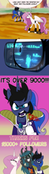 Size: 591x2068 | Tagged: safe, artist:jokerpony, princess celestia, princess luna, queen chrysalis, alicorn, changeling, changeling queen, pony, ask teen chrysalis, crying, dragon ball z, followers, grin, it's over 9000, meme, nappa, over 9000, salute, smiling, son goku, tears of joy, tumblr, vegeta