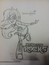 Size: 1936x2592 | Tagged: safe, artist:solarsourced, rainbow dash, equestria girls, rainbow rocks, cute, happy, monochrome, pencil drawing, sketch, solo, traditional art