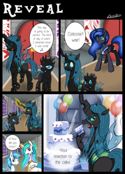 Size: 1500x2091 | Tagged: safe, artist:vavacung, nightmare moon, princess celestia, queen chrysalis, oc, oc:paper mache, alicorn, changeling, changeling queen, pony, comic:to love god - to love mortal, cake, cakelestia, comic, this day aria