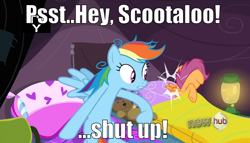 Size: 1074x614 | Tagged: safe, edit, edited screencap, screencap, rainbow dash, scootaloo, pegasus, pony, sleepless in ponyville, caption, image macro, meme, rainbow douche, scootabuse, smack