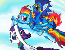 Size: 626x477 | Tagged: safe, artist:aurora-chiaro, rainbow dash, rarity, soarin', spitfire, pegasus, pony, unicorn, sonic rainboom (episode), annoyed, scene interpretation, traditional art, unconscious