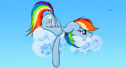 Size: 1024x555 | Tagged: safe, artist:arcuswind, rainbow dash, tank, pegasus, pony, cloud, floppy ears, prone, solo