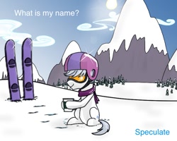 Size: 723x578 | Tagged: safe, artist:kill joy, double diamond, pony, the cutie map, clothes, comments, goggles, helmet, hot chocolate, male, mountain, scarf, skis, snow, solo, stallion