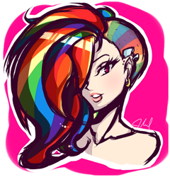 Size: 600x626 | Tagged: safe, artist:juurikun, rainbow dash, human, earring, hair over one eye, humanized, solo