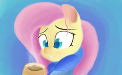 Size: 2184x1347 | Tagged: safe, artist:purpleblackkiwi, derpibooru import, fluttershy, pegasus, pony, bust, chocolate, colored pupils, cozy, cute, food, hot chocolate, looking at something, portrait, shyabetes, smiling, soft shading, solo, winter