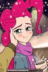 Size: 2100x3150 | Tagged: safe, artist:burning-heart-brony, cheese sandwich, pinkie pie, equestria girls, blushing, cheesepie, chocolate, cute, diapinkes, equestria girls-ified, food, happy, hot chocolate, human coloration, looking at you, male, offscreen character, shipping, smiling, straight