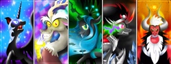 Size: 1459x547 | Tagged: safe, artist:flamevulture17, discord, king sombra, lord tirek, nightmare moon, queen chrysalis, changeling, changeling queen, pony, unicorn, antagonist, wallpaper