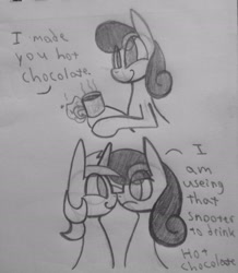 Size: 1936x2219 | Tagged: safe, artist:poorlydrawnpony, bon bon, lyra heartstrings, sweetie drops, bon bon is not amused, boop, chocolate, dialogue, female, food, hot chocolate, lesbian, levitation, looking at each other, lyrabon, magic, monochrome, mug, shipping, smiling, steam, telekinesis, traditional art, unamused