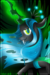 Size: 2000x3000 | Tagged: safe, artist:flamevulture17, queen chrysalis, changeling, changeling queen, fangs, female, floppy ears, magic, solo