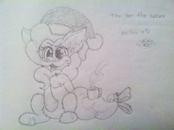 Size: 1280x956 | Tagged: safe, artist:petea-copine, derpibooru import, pinkie pie, earth pony, pony, beard, bell, bow, chocolate, dialogue, emoji, facial hair, food, hat, hot chocolate, monochrome, santa hat, sitting, solo, tail bow, traditional art, unshorn fetlocks