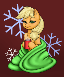 Size: 2432x2936 | Tagged: safe, artist:smilingm00n, derpibooru import, applejack, earth pony, pony, blanket, chest fluff, chocolate, cup, food, hatless, hot chocolate, missing accessory, solo