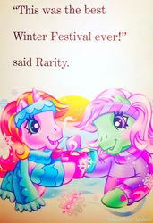 Size: 1280x1875 | Tagged: safe, artist:valerieponyrainbow, minty, rarity (g3), g3, chocolate, clothes, cup, food, hot chocolate, marshmallow, official, snow