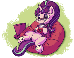 Size: 2732x2160 | Tagged: safe, artist:pirill, snowfall frost, starlight glimmer, pony, unicorn, a hearth's warming tail, 30 minute art challenge, beanbag chair, belly, chocolate, clothes, cute, female, food, glimmerbetes, hot chocolate, mare, mug, on back, signature, smiling, solo, spectacles