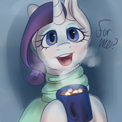 Size: 1280x1280 | Tagged: safe, artist:fawness, derpibooru import, rarity, pony, unicorn, 30 minute art challenge, chocolate, clothes, food, hot chocolate, open mouth, scarf, solo