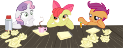 Size: 8845x3502 | Tagged: safe, artist:flizzick, apple bloom, scootaloo, sweetie belle, ponyville confidential, absurd resolution, bored, chocolate, cutie mark crusaders, exploitable meme, food, hot chocolate, image macro, meme, notepad, obligatory pony, simple background, sudden clarity sweetie belle, thermos, thinking, thinking bloom, transparent background