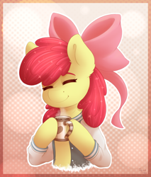 Size: 1700x2000 | Tagged: safe, artist:spirit-dude, apple bloom, earth pony, pony, adorabloom, bow, chocolate, clothes, cup, cute, eyes closed, female, filly, food, hair bow, hot chocolate, smiling, solo